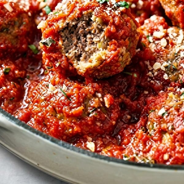 Hearty meatballs in rich red tomato sauce, topped with grated cheese and fresh herbs, in a white pan.