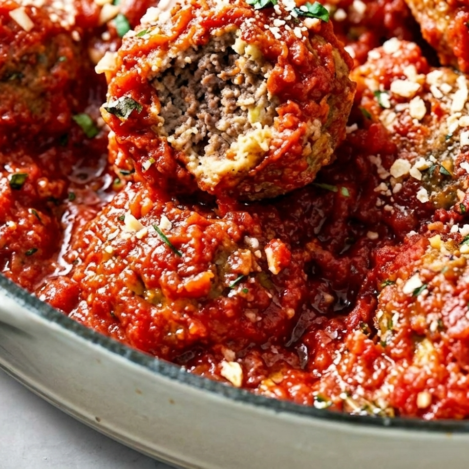 Hearty meatballs in rich red tomato sauce, topped with grated cheese and fresh herbs, in a white pan.