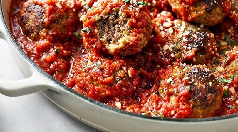 Hearty meatballs in rich red tomato sauce, topped with grated cheese and fresh herbs, in a white pan.