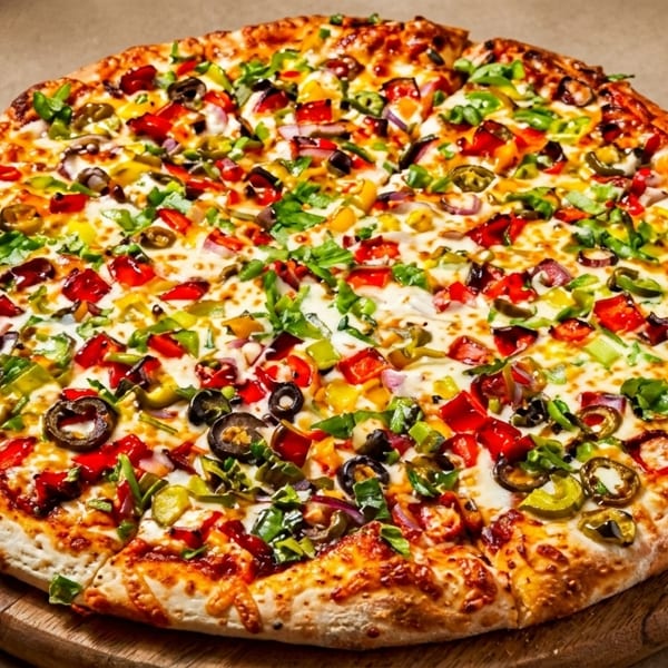 A large, colorful pizza with various toppings including red and green peppers, olives, and herbs.