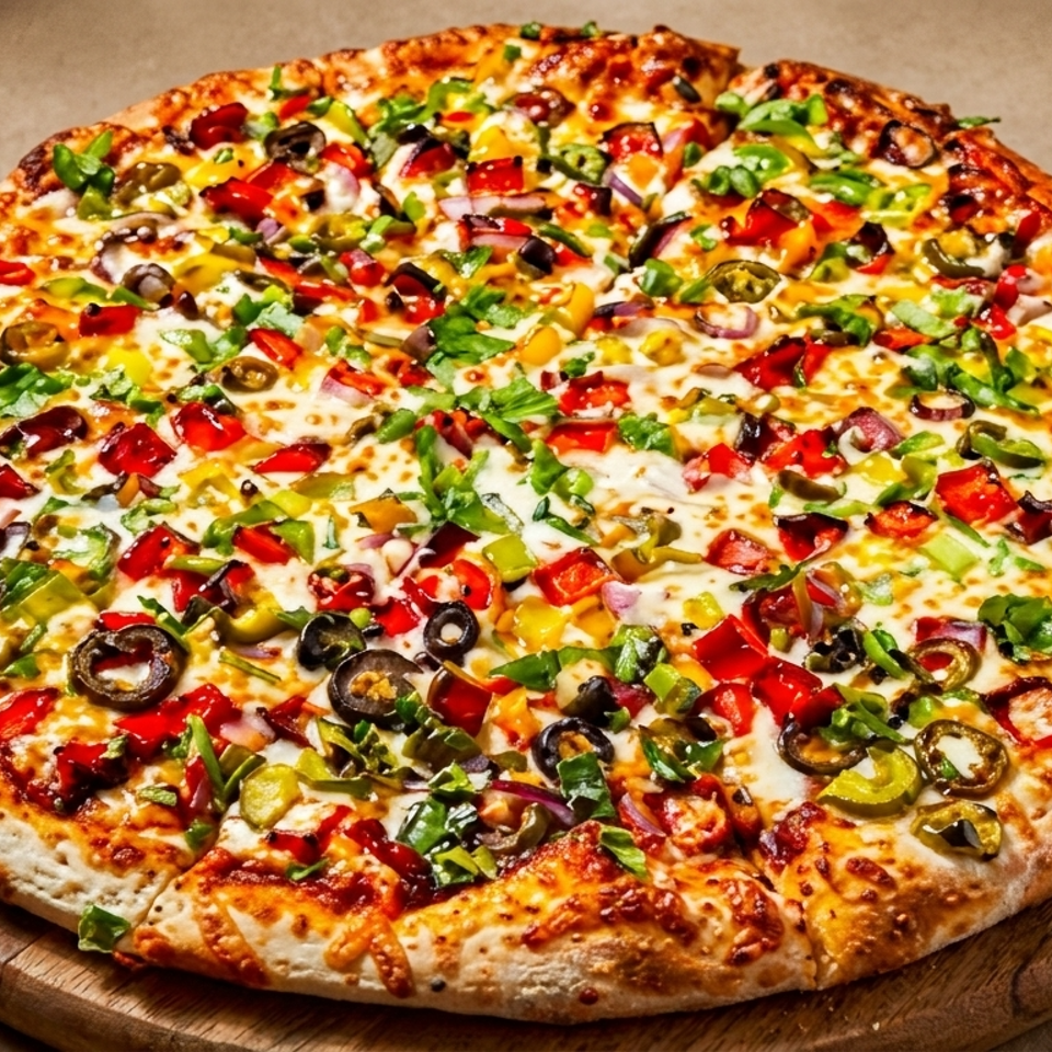A large, colorful pizza with various toppings including red and green peppers, olives, and herbs.