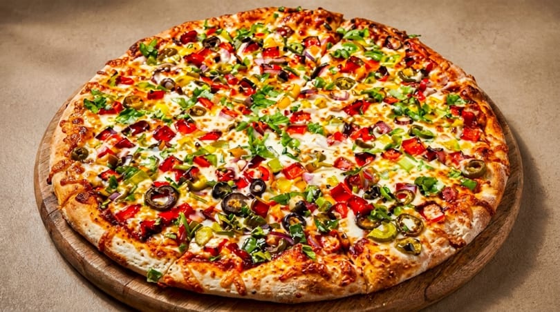 A large, colorful pizza with various toppings including red and green peppers, olives, and herbs.