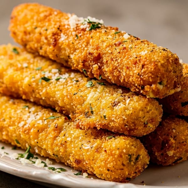 A close-up of golden-brown mozzarella sticks, sprinkled with herbs and parmesan cheese, on a white plate.