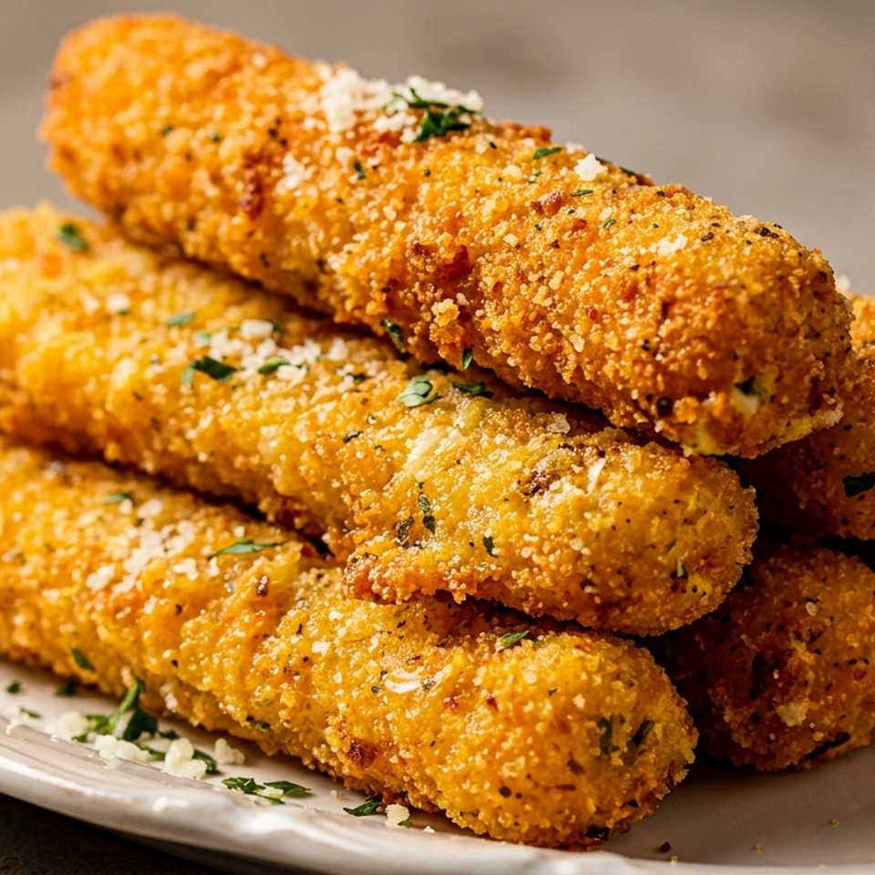 A close-up of golden-brown mozzarella sticks, sprinkled with herbs and parmesan cheese, on a white plate.