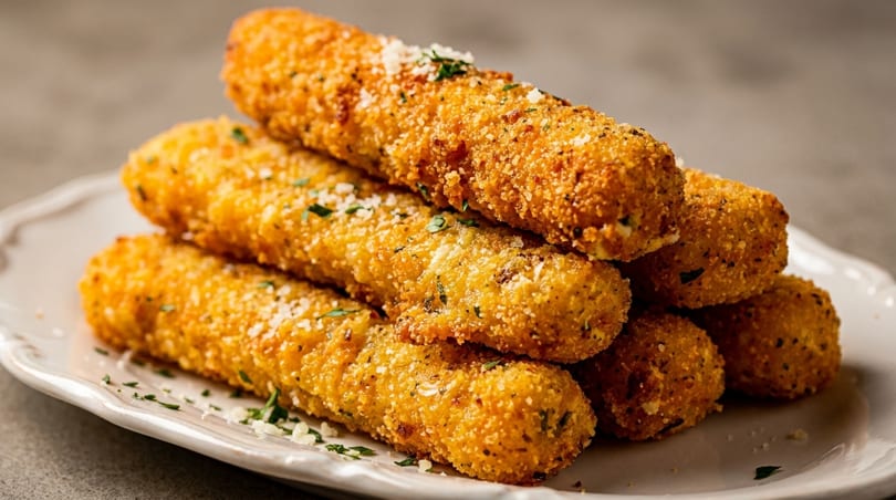 A close-up of golden-brown mozzarella sticks, sprinkled with herbs and parmesan cheese, on a white plate.