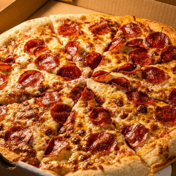 A whole pepperoni pizza, sliced and ready to eat, sits inside an open cardboard delivery box.