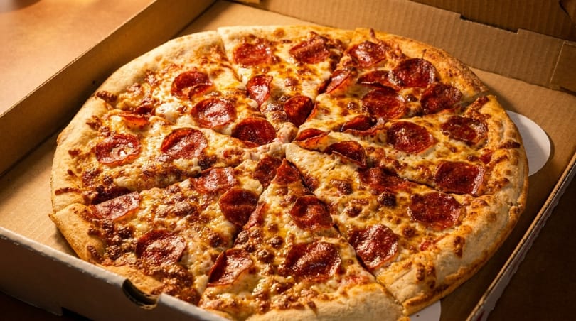 A whole pepperoni pizza, sliced and ready to eat, sits inside an open cardboard delivery box.