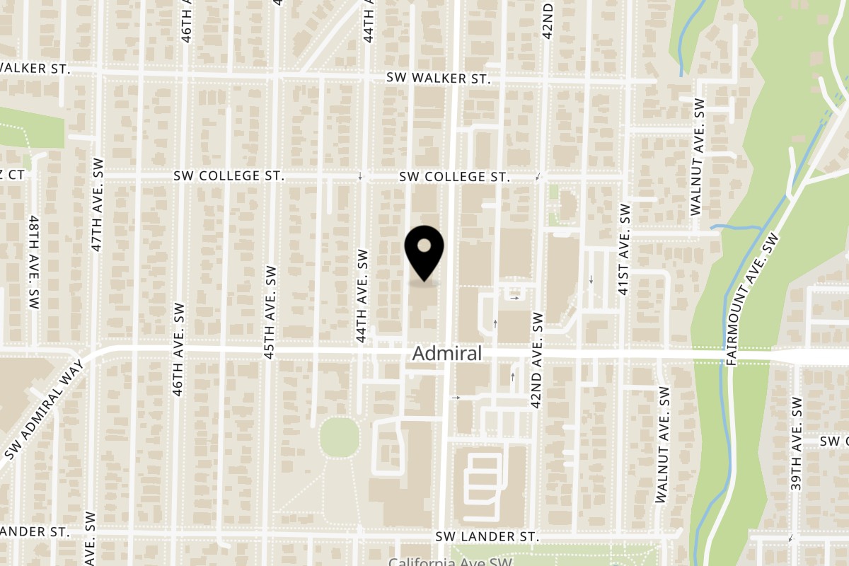 Map showing the location of Luciano's Pizza & Pasta on 2341 California Ave SW in Seattle